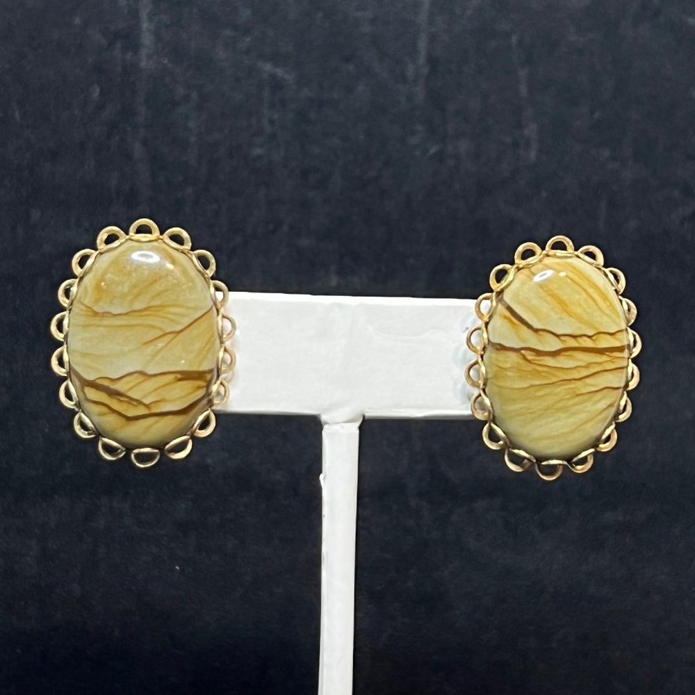 Vintage Gold Tone Oval Jasper Screw Back Earrings (3510)